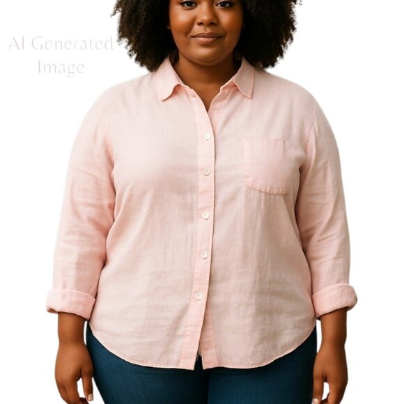 Bryn Walker Womens Linen Shirt Top Long Sleeve Button Front Pink Plus Size 1X - Picture 1 of 13